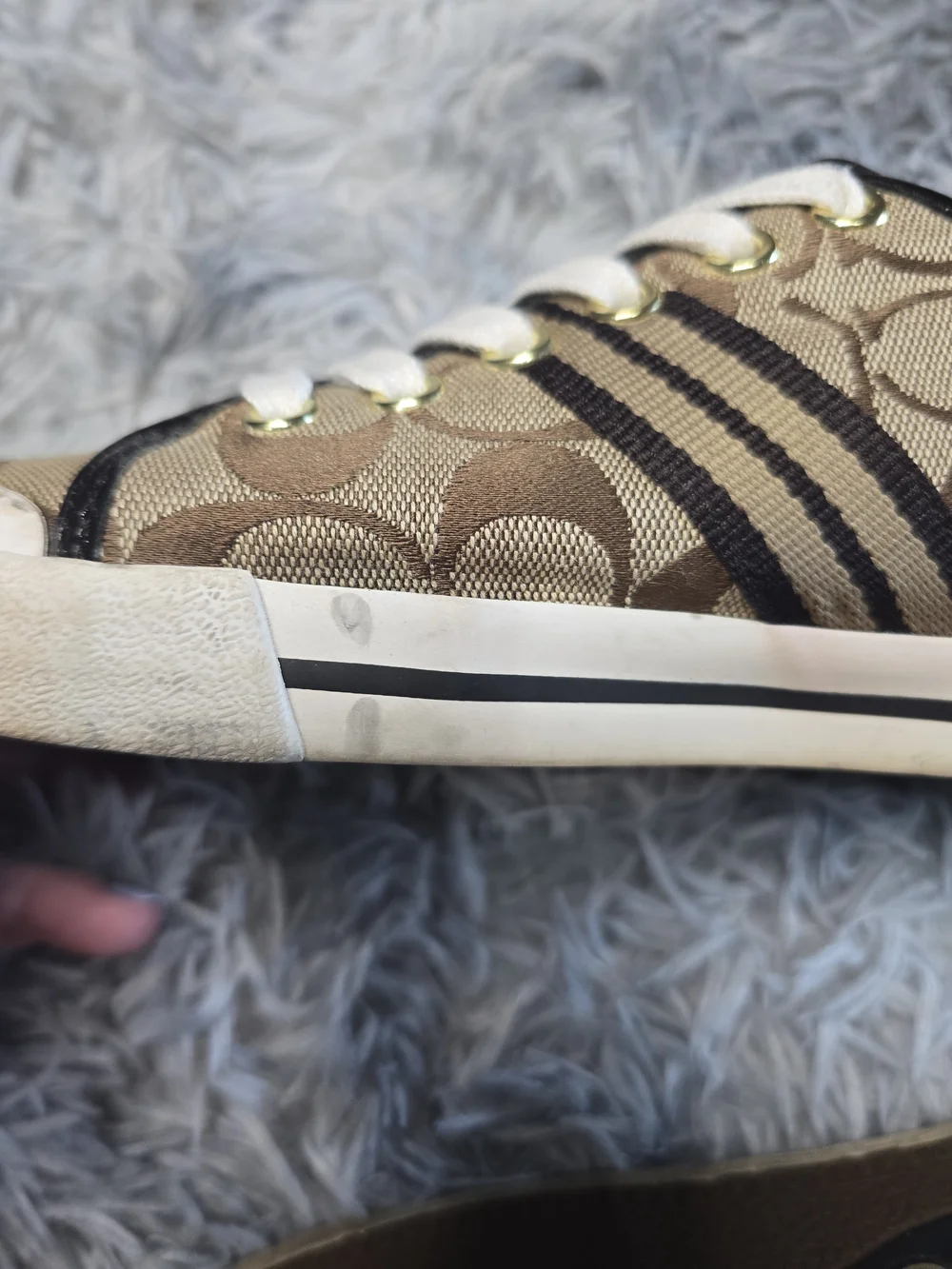 Coach Monogram Low-Top Sneakers in Brown, Cream & Black, Size 6